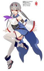 Rule 34 | 1girl, :d, arm belt, artist request, assault lily, bare shoulders, belt, belt buckle, black footwear, black shirt, blue sailor collar, blue skirt, breasts, buckle, character profile, commentary request, crop top, detached sleeves, emblem, fangs, fujita asagao, full body, garter straps, grey hair, hair between eyes, highres, horns, large breasts, leg up, long hair, long sleeves, looking at viewer, low twintails, miniskirt, neckerchief, official art, okobo, open mouth, pleated skirt, purple belt, purple neckerchief, red eyes, sailor collar, sandals, school uniform, serafuku, shirt, simple background, skirt, sleeveless, sleeveless shirt, sleeves past wrists, smile, solo, standing, standing on one leg, thighhighs, translation request, twintails, undershirt, v-shaped eyebrows, waist cape, white background, white shirt, white thighhighs, wide sleeves, zettai ryouiki