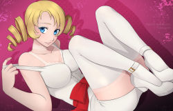 Rule 34 | 1girl, blonde hair, blue eyes, breasts, catherine, catherine (game), choker, cleavage, demon girl, drill hair, female focus, full body, high heels, lipstick, makeup, medium breasts, ribbon, sitting, solo, twin drills, twintails