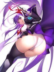 Rule 34 | 1girl, ass, ass focus, bb (fate), black coat, black skirt, black thighhighs, breasts, coat, fate/extra, fate/extra ccc, fate (series), gloves, hair ribbon, highres, large breasts, leotard, long hair, long sleeves, looking at viewer, looking back, miniskirt, popped collar, purple eyes, purple hair, red ribbon, resolution mismatch, ribbon, sano jinya, skirt, smile, solo, source smaller, thighhighs, thighs, tongue, tongue out, white gloves, white leotard
