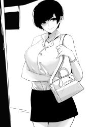 Rule 34 | 1girl, absurdres, bag, bare shoulders, belt, breasts, casual, commentary, cowboy shot, earrings, english commentary, handbag, highres, jewelry, large breasts, looking at viewer, miniskirt, monochrome, necklace, norman maggot, olive laurentia, original, pixie cut, shirt, short hair, simple background, skirt, sleeveless, sleeveless shirt, smile, solo, watch, white background, wristwatch