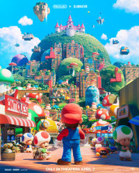 Rule 34 | 3d, 6+boys, backpack, bag, barrel, biddybud, brown hair, castle, cheep cheep, clenched hands, cloud, commentary, copyright name, english commentary, floating island, flower, from behind, gloves, highres, jellybeam, key visual, logo, mario, mario (series), mountain, multiple boys, mushroom, nintendo, official art, open mouth, overalls, princess daisy, princess peach&#039;s castle, promotional art, red headwear, scenery, sky, smile, spiny cheep cheep, the super mario bros. movie, toad (mario), urchin (mario), walking, water, waterfall, white gloves, yoshi