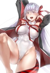 Rule 34 | 1girl, armpits, bad id, bad twitter id, bb (fate), bb (fate/extra), bb (swimsuit mooncancer) (third ascension) (fate), breasts, cameltoe, cape, dore (gilles dore), fate/grand order, fate (series), hair ribbon, highres, large breasts, leotard, long hair, open mouth, purple eyes, purple hair, ribbon, strapless, strapless leotard, very long hair, white leotard