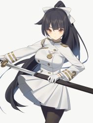 Rule 34 | 1girl, azur lane, black hair, black pantyhose, blush, breasts, brown eyes, closed mouth, eyebrows, gloves, highres, holding, holding sheath, holding sword, holding weapon, kildir, large breasts, long hair, long sleeves, looking at viewer, military, military uniform, miniskirt, pantyhose, ponytail, sheath, skirt, solo, sword, takao (azur lane), uniform, unsheathing, very long hair, weapon, white gloves, white skirt