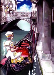Rule 34 | 00s, 1girl, amano kozue, aria (manga), athena glory, blouse, bridge, cloud, day, from behind, gondola, hat, highres, looking back, official art, outdoors, scan, scenery, shirt, short hair, silver hair, sitting, sky, smile, solo, uniform, venice, water, white shirt