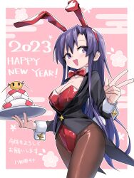 Rule 34 | 1girl, 2023, animal ears, artist name, black coat, bow, bowtie, breasts, brown pantyhose, chinese zodiac, cleavage, coat, coattails, collar, commentary, cowboy shot, detached collar, egasumi, english text, fake animal ears, fake tail, goshiki agiri, happy new year, highres, holding, holding tray, kagami mochi, kill me baby, kotoyoro, leotard, long hair, long sleeves, looking at viewer, medium breasts, new year, open mouth, outside border, pantyhose, pink background, playboy bunny, purple eyes, purple hair, rabbit ears, rabbit tail, red bow, red bowtie, red leotard, smile, solo, standing, tail, translated, tray, v, white collar, yachima tana, year of the rabbit