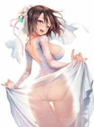 Rule 34 | 1girl, ass, back, breasts, bridal veil, brown hair, comic kairakuten, dress, from behind, hair between eyes, jewelry, large breasts, looking at viewer, michiking, necklace, original, panties, see-through, simple background, skindentation, smile, solo, thigh gap, thighhighs, underwear, veil, wedding dress, white background, white panties, white thighhighs