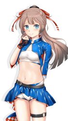 Rule 34 | 1girl, akigumo (kancolle), akigumo (kancolle) (cosplay), aqua eyes, black gloves, blue jacket, blue skirt, breasts, brown hair, cosplay, cowboy shot, cropped jacket, gloves, hair ribbon, highres, jacket, kantai collection, kazagumo (kancolle), long hair, looking at viewer, mesera, midriff, partially fingerless gloves, pleated skirt, ponytail, race queen, ribbon, shirt, shorts, shorts under skirt, simple background, skirt, small breasts, solo, standing, strapless, tube top, white background, white shirt