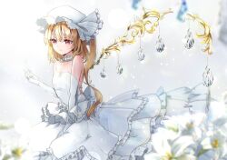 Rule 34 | 1girl, alternate costume, blurry, blurry foreground, closed eyes, commentary request, dress, elbow gloves, flandre scarlet, flower, gloves, hat, long hair, mob cap, one side up, red eyes, shironeko yuuki, solo, strapless, strapless dress, touhou, white dress, white flower, white gloves, white hat, wings