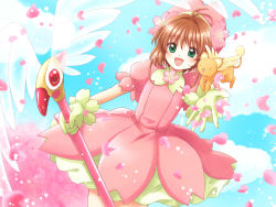 Rule 34 | 1girl, :d, blue sky, brown hair, cardcaptor sakura, day, dress, fuuin no tsue, gloves, green eyes, hat, kero (cardcaptor sakura), kinomoto sakura, maekawa suu, magical girl, open mouth, outstretched hand, petals, sky, smile, wand, white gloves, wings