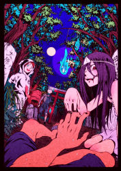 Rule 34 | 2boys, 2girls, absurdres, blood, blood on face, blue fire, blush stickers, fire, flat color, floating, forest, full moon, highres, looking at viewer, moon, multiple boys, multiple girls, nature, night, nora wanko, open mouth, original, plant, pov, smile, tree