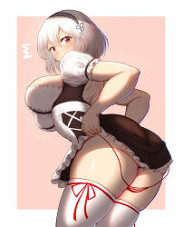 Rule 34 | 1girl, anchor choker, ass, azur lane, breasts, brown dress, dress, frills, hairband, highres, lace-trimmed hairband, lace trim, large breasts, maku ro, puffy short sleeves, puffy sleeves, red eyes, short hair, short sleeves, sirius (azur lane), skindentation, solo, thighhighs, white frills, white hair, white thighhighs