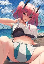 Rule 34 | 1girl, azur lane, blush, breasts, bremerton (azur lane), bremerton (scorching-hot training) (azur lane), chain-link fence, cleavage, crop top, crop top overhang, fence, grey hair, hair between eyes, hair ornament, hairclip, heart, heart necklace, highres, jewelry, large breasts, long hair, looking at viewer, mole, mole under eye, multicolored hair, necklace, pink eyes, pink hair, racket, shirt, sitting, skirt, sleeveless, sleeveless shirt, sportswear, spread legs, streaked hair, sweatdrop, tennis racket, tennis uniform, twintails, two-tone shirt, two-tone skirt, x hair ornament, yuty cg