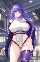 Rule 34 | 1girl, ai-assisted, alternate costume, aztodio, bare shoulders, blush, breasts, closed mouth, commentary, english commentary, genshin impact, hand on own hip, highleg, highleg leotard, large breasts, leotard, leotard sweater, long hair, long sleeves, looking at viewer, off shoulder, purple eyes, purple hair, purple thighhighs, raiden shogun, single thighhigh, solo, thighhighs, thighs, white leotard