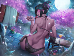 Rule 34 | 1girl, ass, back, bag, bare arms, bare back, bare shoulders, bikini, black bikini, black hair, blanka, breasts, butt crack, capcom, character doll, cherry blossoms, cocktail glass, come hither, condom, condom in mouth, condom wrapper, cup, curvy, dildo, doll, drink, drinking glass, duplicate, dutch angle, female focus, from behind, glass, glowing, glowing eye, grin, han juri, hip focus, huge ass, looking at viewer, looking back, medium breasts, moon, mouth hold, naughty face, night, o-ring, onsen, outdoors, petals, purple eyes, sex toy, shiny skin, short hair, side-tie bikini bottom, sitting, smile, solo, speh, spider web print, street fighter, swimsuit, table, towel, twintails, underwear, wet, wide hips, y shaped butt crack