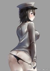 Rule 34 | 1girl, akitsu maru (kancolle), ass, bad id, bad twitter id, black hair, black panties, blush, breasts, closed mouth, colored skin, grey background, grey eyes, grey thighhighs, hat, juurouta, kantai collection, large breasts, long sleeves, looking at viewer, medium hair, one-hour drawing challenge, panties, peaked cap, shirt, simple background, solo, thighhighs, twitter username, underwear, white shirt, white skin