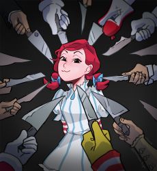 Rule 34 | :3, artist name, braid, derivative work, gloves, john wick, knife, layered sleeves, long sleeves, looking at viewer, mcdonald&#039;s, meme, mittens, parody, photo-referenced, pointing, puffy sleeves, red hair, ronald mcdonald, short hair, short over long sleeves, short sleeves, signature, smug, solo focus, striped, surrounded, twin braids, vsock, wendy&#039;s, wendy (wendy&#039;s)