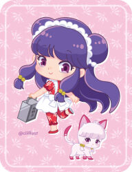 1girl apron artist_name bow cat chibi dual_persona hair_bow long_hair maid_apron maid_headdress okamochi_(container) ooura pants pink_background purple_eyes purple_hair ranma_1/2 red_footwear red_pants red_shirt shampoo_(cat) shampoo_(ranma_1/2) shirt sidelocks smile white_apron white_bow