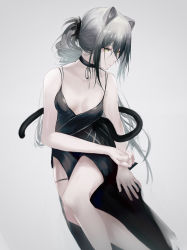 Rule 34 | 1girl, absurdres, alternate costume, animal ears, arknights, bare arms, bare legs, bare shoulders, black choker, black dress, breasts, cat ears, choker, commentary, dress, feet out of frame, grey background, highres, long hair, mackia, medium breasts, ponytail, schwarz (arknights), silver hair, simple background, sleeveless, sleeveless dress, solo, spaghetti strap, thighs, yellow eyes