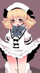 Rule 34 | 1girl, bandaid, blonde hair, blush, drill hair, eastern and little nature deity, female focus, hat, ichihaya, kneeling, luna child, peeing, peeing self, red eyes, skirt hold, solo, touhou, twin drills, twintails