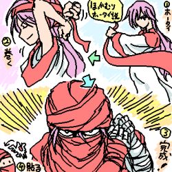 Rule 34 | 1girl, arms behind head, arms up, arrow (symbol), bandaged arm, bandages, bare arms, chunsoft, closed mouth, cosplay, dragon quest, dragon quest ii, dress, dressing, emphasis lines, enix, closed eyes, female focus, green eyes, hair between eyes, hanbu hantarou, headband, hood, long hair, long sleeves, looking at viewer, lowres, motion lines, multicolored background, multiple views, pink hair, princess of moonbrook, profile, purple hair, smile, solid circle eyes, standing, translation request, upper body, white dress, wide sleeves