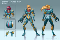 Rule 34 | 1girl, adapted costume, arm cannon, armor, ass, blonde hair, character sheet, claws, fusion suit, gradient background, highres, imdrunkontea, metroid, metroid fusion, nintendo, ponytail, power armor, redesign, samus aran, weapon