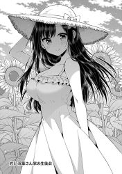 Rule 34 | 1girl, :&gt;, bare arms, bare shoulders, blush, bow, breasts, cleavage, comic, day, dress, field, flower, flower field, from side, greyscale, hat, highres, large breasts, long hair, looking at viewer, monochrome, original, outdoors, ribbon, sky, smile, solo, sun hat, sundress, sunflower, sunflower field, tsukudani norio