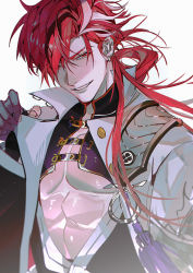 Rule 34 | 1boy, abs, blush, earrings, eyebrow cut, fate/grand order, fate (series), highres, jacket, japanese clothes, jewelry, kakukakuq, long hair, long sleeves, looking at viewer, male focus, multicolored hair, pectorals, red eyes, red hair, simple background, smile, solo, split-color hair, streaked hair, takasugi shinsaku (fate), teeth, toned, toned male, two-tone hair, upper body, white background, white hair, white jacket