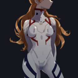 Rule 34 | 1girl, bodysuit, breasts, brown hair, evangelion: 3.0+1.0 thrice upon a time, eyepatch, fugo, highres, long hair, looking to the side, neon genesis evangelion, pilot suit, plugsuit, rebuild of evangelion, shaded face, simple background, skin tight, smile, solo, souryuu asuka langley, standing, two side up, very long hair, white bodysuit, wide hips
