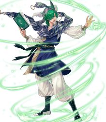 Rule 34 | 1boy, baggy pants, belt, blue headband, blue scarf, book, casting spell, collar, collarbone, energy, feathers, fire emblem, fire emblem: genealogy of the holy war, fire emblem heroes, full body, green eyes, green hair, headband, highres, holding, holding book, lewyn (fire emblem), lips, male focus, medium hair, nintendo, official art, open mouth, pants, scarf, solo, striped clothes, striped headband, striped scarf, suda ayaka, teeth, transparent background, white pants, wide sleeves