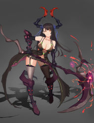 Rule 34 | 1girl, bad id, bad pixiv id, bare shoulders, black gloves, black hair, boots, breasts, cleavage, collarbone, demon girl, demon horns, elbow gloves, full body, garter straps, gloves, gongba laoge, grey thighhighs, hair ribbon, halterneck, highres, holding, holding weapon, horns, huge weapon, large breasts, leaning forward, long hair, looking at viewer, navel, orange eyes, original, parted lips, purple footwear, ribbon, scythe, shadow, solo, stomach, thighhighs, weapon