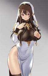 Rule 34 | 1girl, :o, black thighhighs, breast curtains, breasts, brown hair, colored skin, covered navel, cross, cross necklace, dress, elf, habit, houtengeki, jewelry, large breasts, long hair, long sleeves, looking at viewer, necklace, nun, pointy ears, red eyes, sister, smile, solo, thighhighs, veil, white dress, white skin