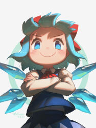 Rule 34 | 1girl, absurdres, artist name, blue eyes, blue hair, blue skirt, blue vest, bow, cirno, cirno day, closed mouth, collared shirt, crossed arms, dated, detached wings, fairy, hair bow, highres, ice, ice wings, long sleeves, looking at viewer, porforever, red bow, shirt, short hair, signature, skirt, smile, solo, touhou, upper body, v-shaped eyebrows, vest, white shirt, wings