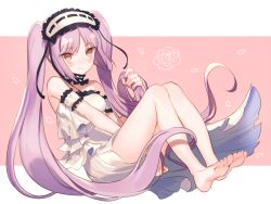 Rule 34 | 1girl, bare legs, bare shoulders, barefoot, blush, closed mouth, dress, euryale (fate), fate/hollow ataraxia, fate (series), feet, full body, hairband, kikugetsu, lolita hairband, long hair, looking at viewer, purple eyes, purple hair, sitting, smile, solo, twintails, very long hair, white dress