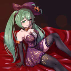 Rule 34 | 1girl, arm support, black gloves, black thighhighs, breasts, commentary, dress, elbow gloves, feet out of frame, gloves, green eyes, green hair, half-closed eyes, halloween, halloween costume, hat, hatsune miku, highres, jack-o&#039;-lantern, light blush, long hair, looking at viewer, medium breasts, pumpkin hat ornament, purple dress, purple hat, sitting, smile, solo, strapless, strapless dress, thighhighs, twintails, very long hair, vocaloid, witch hat, yukichi (yu-ame), zettai ryouiki