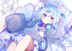 Rule 34 | 1girl, animal ears, blue eyes, blue hair, cafe omusubiya, cardigan, cat ears, chemise, controller, d omm, expressionless, game controller, headphones, headphones around neck, long hair, long sleeves, looking at viewer, lying, on back, on bed, open cardigan, open clothes, pillow, sleeves past wrists, virtual youtuber, yukino koromo