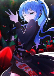 Rule 34 | 1girl, absurdres, belt, black dress, black gloves, black shorts, blue eyes, blue hair, cowboy shot, dress, earrings, floral print, flower, gloves, hair ribbon, hand up, highres, holding, holding microphone, hololive, hoshimachi suisei, hoshimachi suisei (shout in crisis), jewelry, long hair, long sleeves, microphone, one eye closed, petals, ponytail, red flower, ribbon, riteiku (user tarc8275), short shorts, shorts, sidelocks, single glove, smile, solo, standing, star (symbol), star in eye, symbol in eye, virtual youtuber, w