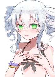 Rule 34 | bare shoulders, bikini, black sister, bracelet, breasts, embarrassed, green eyes, highres, jewelry, long hair, neptune (series), open mouth, rairai vortext, small breasts, swimsuit, tsundere, twin drills, twintails, uni (neptunia), white hair