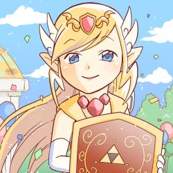 Rule 34 | 1girl, balloon, blonde hair, blue eyes, blue sky, day, elf, gloves, jewelry, lipstick, long hair, looking at viewer, makeup, necklace, nintendo, pointy ears, princess zelda, shield, sky, solo, standing, the legend of zelda, the legend of zelda: the minish cap, tiara, toon zelda, triforce