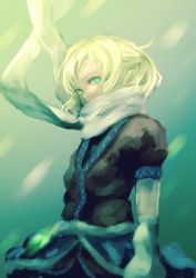 Rule 34 | 1girl, arm warmers, blonde hair, brown shirt, covered mouth, gradient background, green background, green eyes, kouzuki kei, looking at viewer, mizuhashi parsee, scarf, shirt, short sleeves, skirt, solo, touhou, upper body
