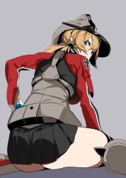 Rule 34 | 10s, 1girl, anchor hair ornament, ass, bad id, bad pixiv id, blonde hair, blue eyes, blush, cross, doko tetora, from behind, hair ornament, hat, iron cross, kantai collection, long hair, long sleeves, looking at viewer, looking back, microskirt, military, military uniform, peaked cap, prinz eugen (kancolle), simple background, sitting, skirt, solo, thighhighs, twintails, uniform, wariza