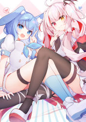 Rule 34 | 2girls, :d, absurdres, ahoge, animal ear fluff, animal ears, black socks, blue eyes, blue hair, blue nails, blue neckerchief, blue socks, blush, boots, breasts, closed mouth, dress, earrings, eta, fang, fang out, hand up, heart, heterochromia, highres, indoors, jewelry, kneehighs, knees up, long hair, mole, mole under eye, multiple girls, nail polish, neckerchief, open mouth, original, pink hair, pleated skirt, puffy short sleeves, puffy sleeves, rabbit ears, red eyes, round teeth, shirt, shoes, short sleeves, sitting, skirt, small breasts, smile, socks, spoken heart, teeth, thighhighs, twintails, upper teeth only, v, very long hair, white dress, white footwear, white shirt, white skirt, wing hair ornament, wristband, yellow eyes