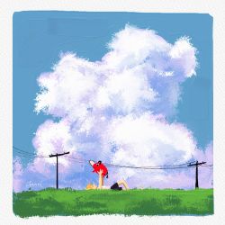 Rule 34 | 1boy, 1other, artist name, blonde hair, blue sky, border, carrying, chainsaw, chainsaw man, cloud, cloudy sky, cumulonimbus cloud, day, denji (chainsaw man), highres, juuxzi, lying, on back, on grass, pochita (chainsaw man), power lines, sky, smile, tank top, utility pole, white border, white tank top