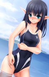 Rule 34 | 1girl, adjusting clothes, adjusting swimsuit, aqua eyes, bare shoulders, black hair, blue one-piece swimsuit, blunt bangs, blush, breasts, competition swimsuit, covered navel, eto, groin, hand on own stomach, highleg, highleg swimsuit, highres, long hair, long pointy ears, looking at viewer, lumia swimwear, one-piece swimsuit, phantasy star, phantasy star online 2, pointy ears, rupika (pso2), seductive smile, small breasts, smile, solo, standing, swimsuit, wading, water