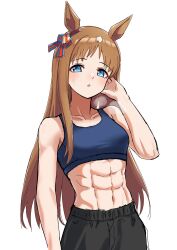 Rule 34 | 1girl, absurdres, alternate costume, animal ears, bare shoulders, black pants, blue eyes, blue sports bra, blush, breasts, brown hair, commentary request, cowboy shot, ear ornament, grass wonder (umamusume), highres, horse ears, horse girl, long hair, looking at viewer, midriff, multicolored hair, navel, pants, parted lips, senchan 7, simple background, small breasts, solo, sports bra, streaked hair, umamusume, white background, white hair