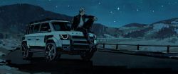 Rule 34 | 1boy, absurdres, aqua theme, arm support, black hair, black pants, blue theme, bokuto koutarou, car, chengongzi123, haikyuu!!, highres, jacket, knee up, land rover, land rover defender, limited palette, looking away, male focus, motor vehicle, mountainous horizon, multicolored hair, on vehicle, outdoors, outstretched arm, pants, road, shoes, short hair, sitting, solo, spiked hair, sports utility vehicle, star (sky), streaked hair, two-tone hair, vehicle focus, white hair, wide shot