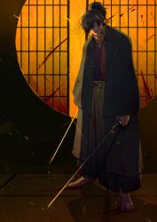 Rule 34 | 1boy, absurdres, barefoot, beard stubble, black hair, blood, blood on clothes, blood splatter, bloody handprints, bloody weapon, cloak, commentary request, dual wielding, facial hair, fate/grand order, fate (series), full body, glint, green hakama, grin, hair over one eye, hakama, hakama pants, handprint, high ponytail, highres, holding, holding sword, holding weapon, implied murder, indoors, japanese clothes, katana, kimono, looking at viewer, male focus, mizuna237, narrowed eyes, okada izou (fate), open cloak, open clothes, pants, purple kimono, round window, scarf, short hair, short ponytail, shouji, sliding doors, smile, solo, standing, stubble, sword, tatami, weapon, window, yellow eyes, yellow scarf