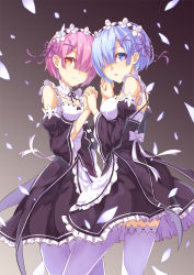 Rule 34 | 10s, 2girls, apron, blue eyes, blue hair, bow, breasts, detached collar, detached sleeves, dress, frilled dress, frills, from side, hair ornament, hair over one eye, holding hands, highres, interlocked fingers, looking at viewer, maid, maid apron, maid headdress, multiple girls, open mouth, petals, pink hair, ram (re:zero), re:zero kara hajimeru isekai seikatsu, red eyes, rem (re:zero), ribbon-trimmed clothes, ribbon-trimmed legwear, ribbon-trimmed sleeves, ribbon trim, siblings, sisters, smile, thighhighs, totika, twins, underbust, white legwear, x hair ornament