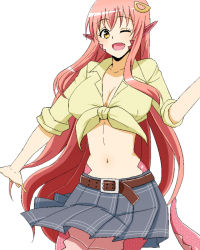 Rule 34 | 10s, 1girl, :d, bad id, bad pixiv id, breasts, cleavage, cowboy shot, fang, hair ornament, hairclip, huge breasts, lamia, long hair, midriff, miia (monster musume), monster girl, monster musume no iru nichijou, navel, one eye closed, open mouth, pointy ears, red hair, scales, shirt, simple background, skirt, slit pupils, smile, solo, tied shirt, very long hair, white background, ya2268, yellow eyes