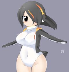 Rule 34 | 1girl, black hair, blush, breasts, brown eyes, closed mouth, commentary request, covered navel, cowboy shot, emperor penguin (kemono friends), expressionless, grey background, hair between eyes, hair over one eye, headphones, kemono friends, large breasts, lets0020, long bangs, looking at viewer, multicolored hair, numbered, one-piece swimsuit, orange hair, outstretched arms, short hair, simple background, solo, spread arms, streaked hair, swimsuit, white one-piece swimsuit