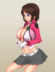 Rule 34 | 00s, belt, blue eyes, braid, breasts, brown hair, celestial being extra, covered erect nipples, extra, gloves, gundam, gundam 00, jacket, large breasts, midriff, miniskirt, navel, open clothes, open shirt, rokuichi, shirt, short hair, single braid, skirt, smile, solo, stacked extra